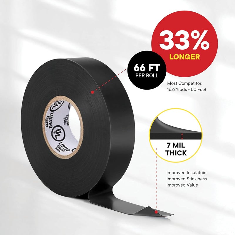 TAPEWELL Vinyl Electrical Tape Black, Professional Grade, 3/4 inch x 66ft, Pack of 10 - Image 5